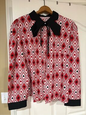 NWOT- SHEIN- Red Patterned Long-Sleeve Blouse with Black Collar and Tie